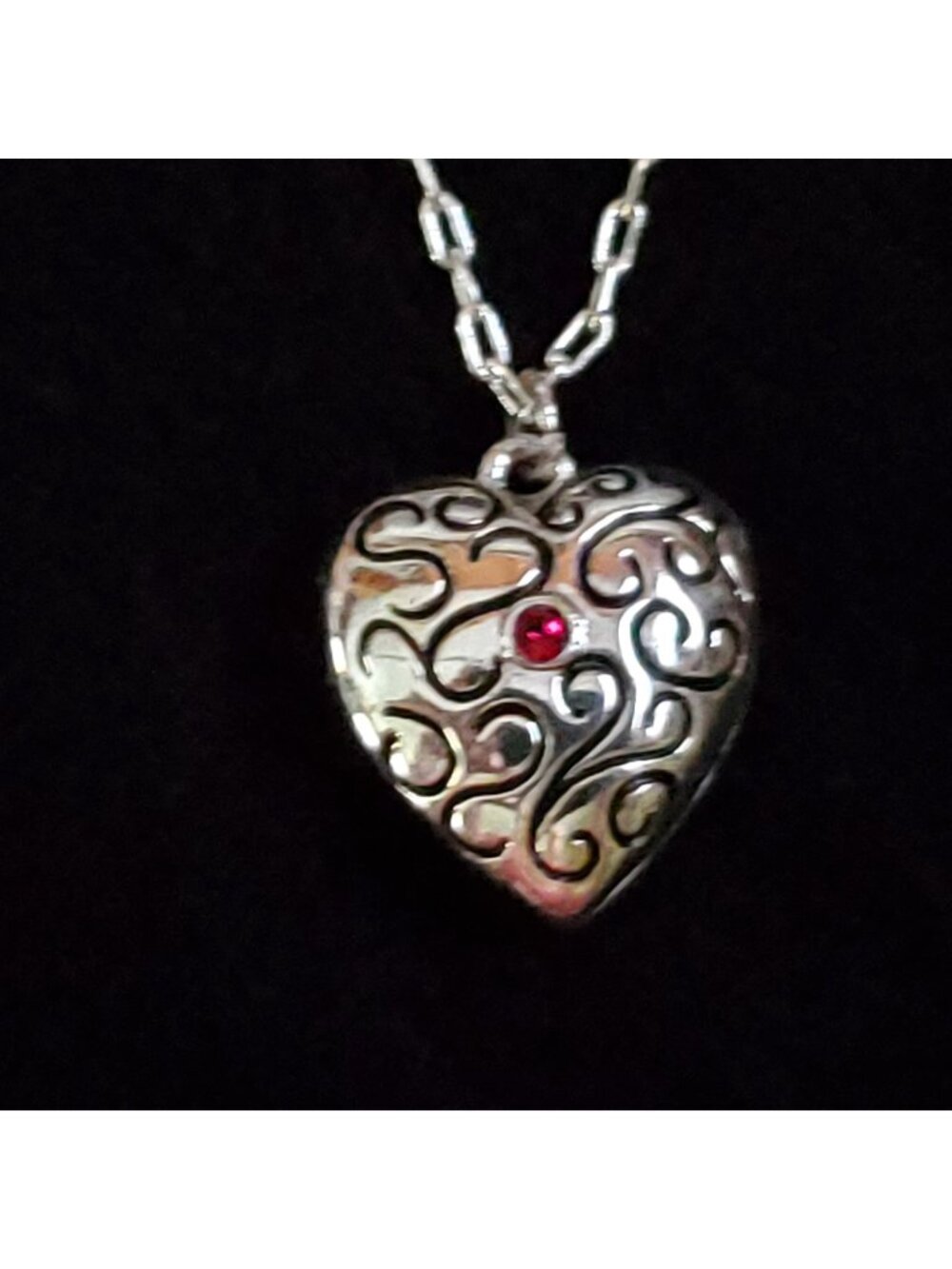 Puff Heart Locket Necklace Silver Tone Red Rhinestone 3/4" 15-17"